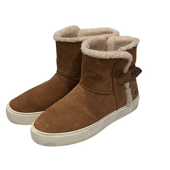 UGG Priya Womens 7 Brown‎ Suede Sneaker Plush Bootie Slip On Snap Cozy Comfy - Picture 1 of 9